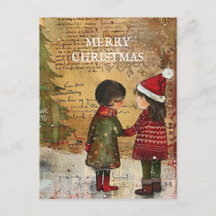 Weihnachtsbaum Kinder Schnee Feiertagspostkarte