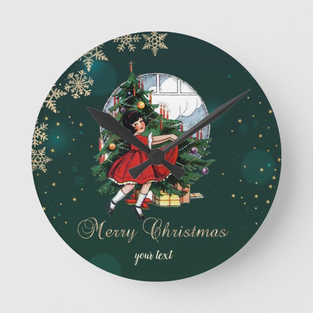 Weihnachtsbaum, kleine Girl-Schneeflocken Runde Wanduhr (Vorderseite)