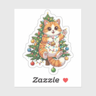 Weihnachtsbaum Kletterkatze verheddert in Lichtern Aufkleber
