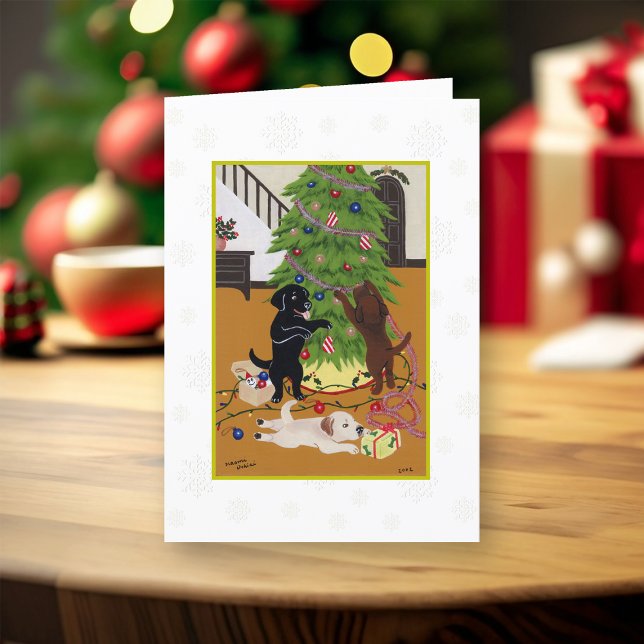 Weihnachtsbaum Labradors Schneeflocken Feiertagskarte (Christmas Tree Labradors Design Christmas Cards for Labrador Owners.  Whimsical Labrador Painting.)