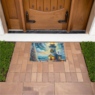 Weihnachtsbaum Leuchtturm Nautical Coastal Blue Fußmatte