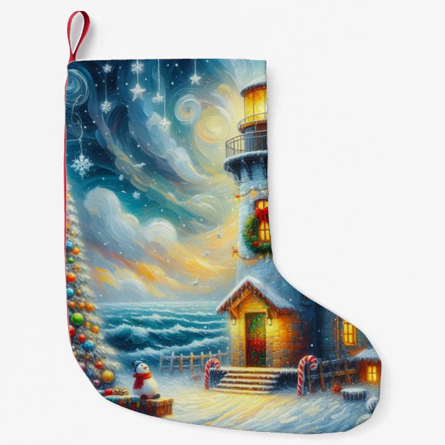 Weihnachtsbaum Leuchtturm Nautical Coastal Blue Kleiner Weihnachtsstrumpf (Vorderseite)