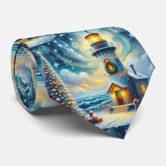 Weihnachtsbaum Leuchtturm Nautical Coastal Blue Krawatte (Gerollt)
