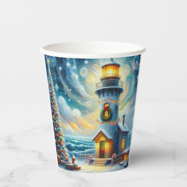 Weihnachtsbaum Leuchtturm Nautical Coastal Blue Pappbecher (Vorderseite)