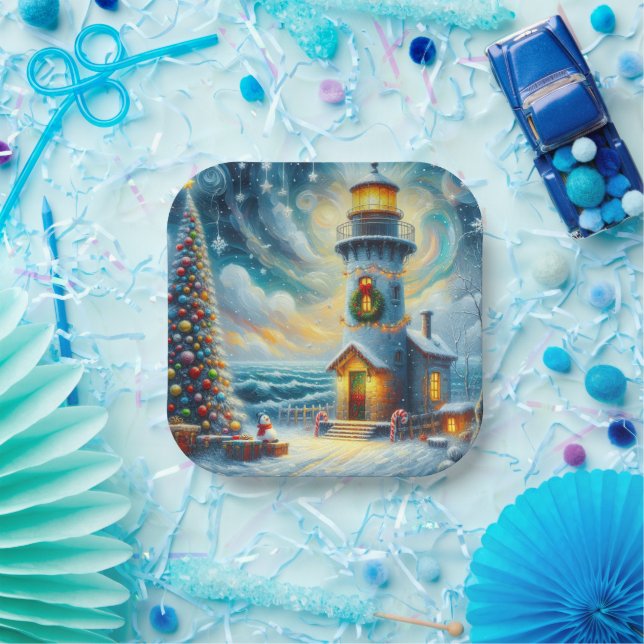 Weihnachtsbaum Leuchtturm Nautical Coastal Blue Pappteller (Party)