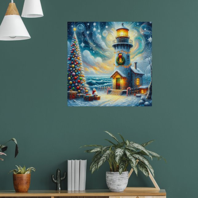 Weihnachtsbaum Leuchtturm Nautical Coastal Blue Poster (Wohnzimmer 1)