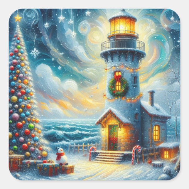 Weihnachtsbaum Leuchtturm Nautical Coastal Blue Quadratischer Aufkleber (Vorderseite)