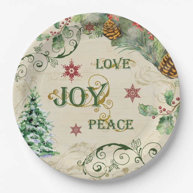 Weihnachtsbaum Liebe Joy Peace Holly Typografy Art Pappteller (Vorderseite)