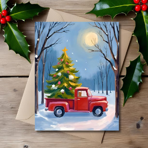 Weihnachtsbaum-Lieferung Roter LKW Aquarell Feiertagskarte
