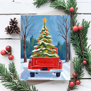 Weihnachtsbaum-Lieferung roter LKW Aquarell Feiertagspostkarte