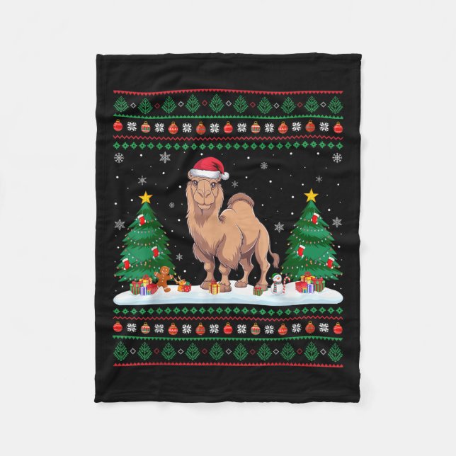 Weihnachtsbaum Lights Bactrian Camel Santa Ugly Xm Fleecedecke (Vorderseite)