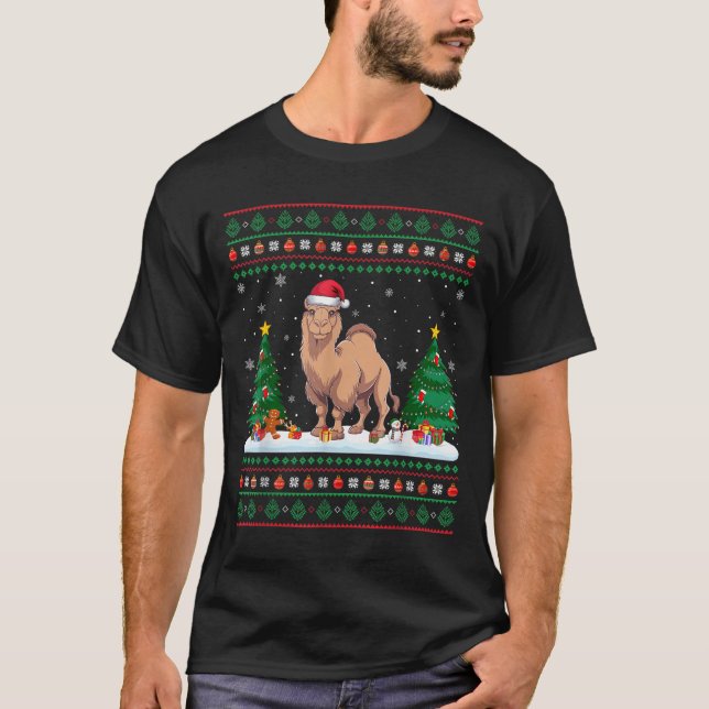 Weihnachtsbaum Lights Bactrian Camel Santa Ugly Xm T-Shirt (Vorderseite)