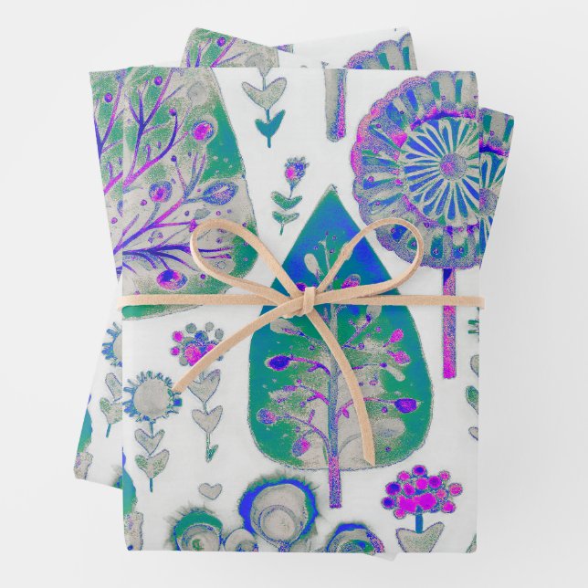 Weihnachtsbaum Lila Grün Blau Geschenkpapier Set (Beispiel)