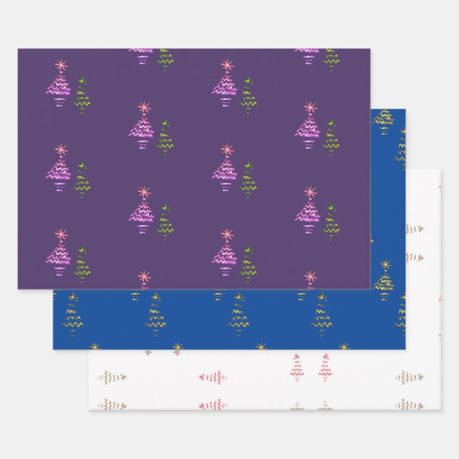Weihnachtsbaum Lila Navy White Gold Metallic Geschenkpapier Set (Set)