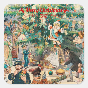 Weihnachtsbaum Lithographisch Quadratischer Aufkleber