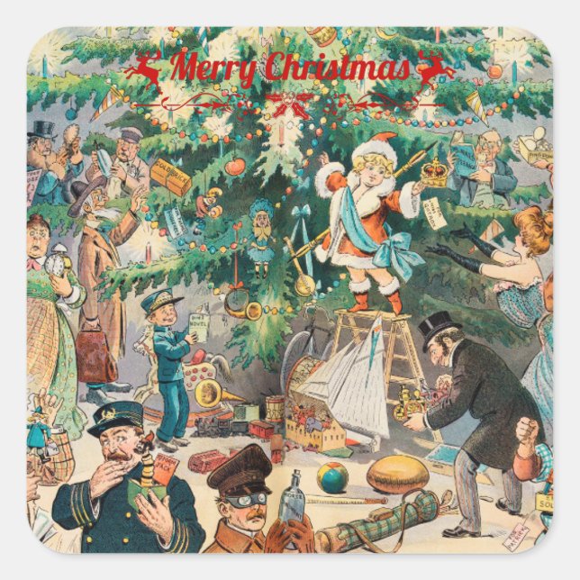 Weihnachtsbaum Lithographisch Quadratischer Aufkleber (Vorderseite)