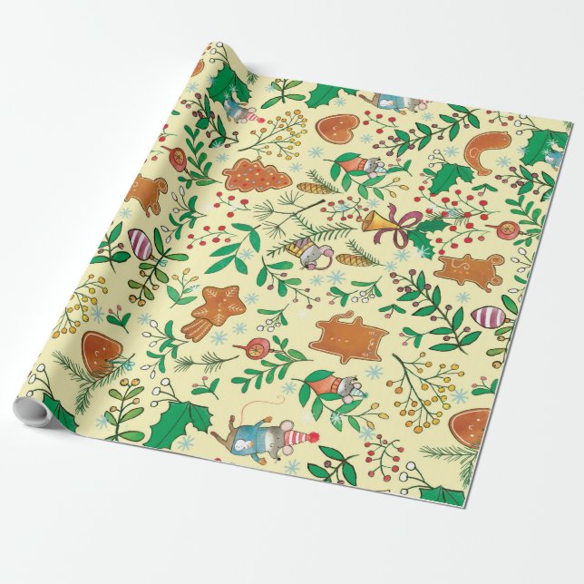 Weihnachtsbaum, Mistelzweig und MäusePackpapier Geschenkpapier (Ungerollt)