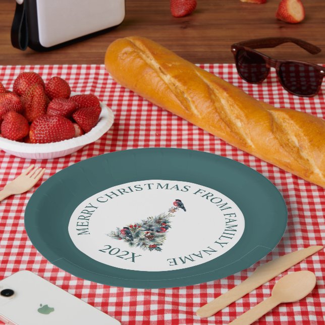 Weihnachtsbaum mit Dekoration und Roter Robin Pappteller (Picknick)