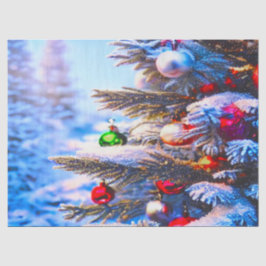 Weihnachtsbaum mit Dekorationen dekoriert Seidenpapier