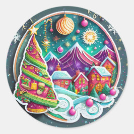 Weihnachtsbaum mit Dorf Runder Aufkleber