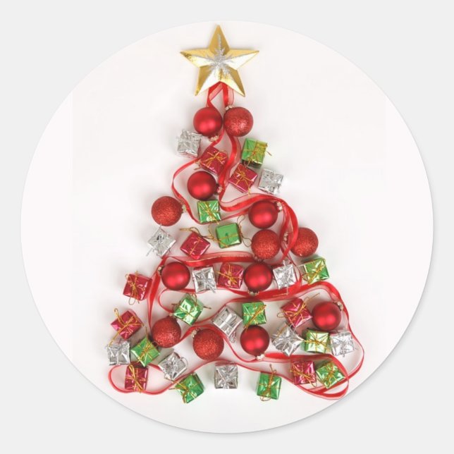 Weihnachtsbaum mit Geschenkartikeln Ornamente Ribb Runder Aufkleber (Vorderseite)