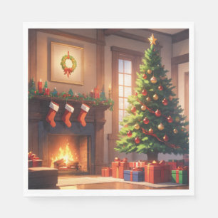 Weihnachtsbaum mit Geschenken und Kamin Serviette