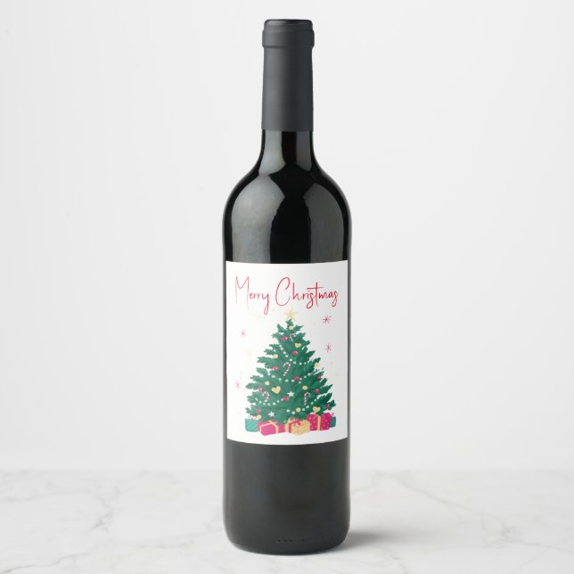 Weihnachtsbaum mit Geschenken Weinetikett (Vorderseite)
