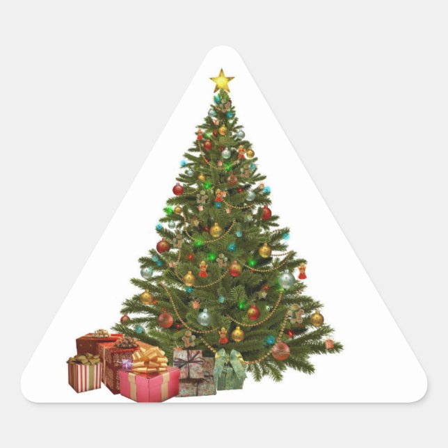 Weihnachtsbaum mit Geschenkklebern Dreieckiger Aufkleber (Vorderseite)
