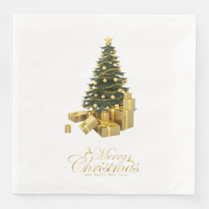 Weihnachtsbaum mit goldenen Verzierungen und Gesch Serviette