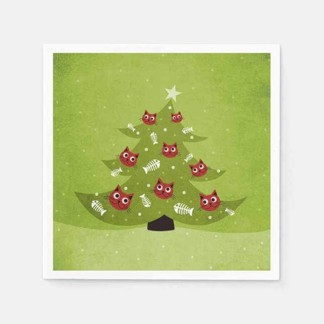 Weihnachtsbaum mit Kat- und Fischschmuck Serviette (Vorderseite)