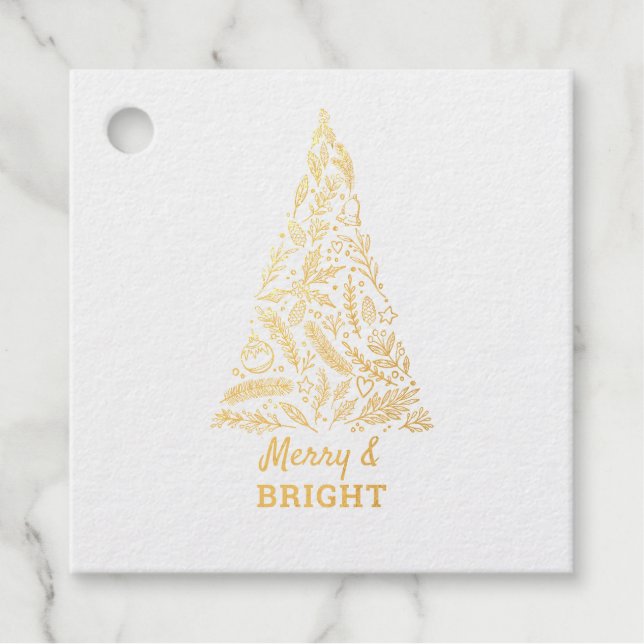 Weihnachtsbaum mit Merry and Bright in Gold Geschenkanhänger (Vorderseite)
