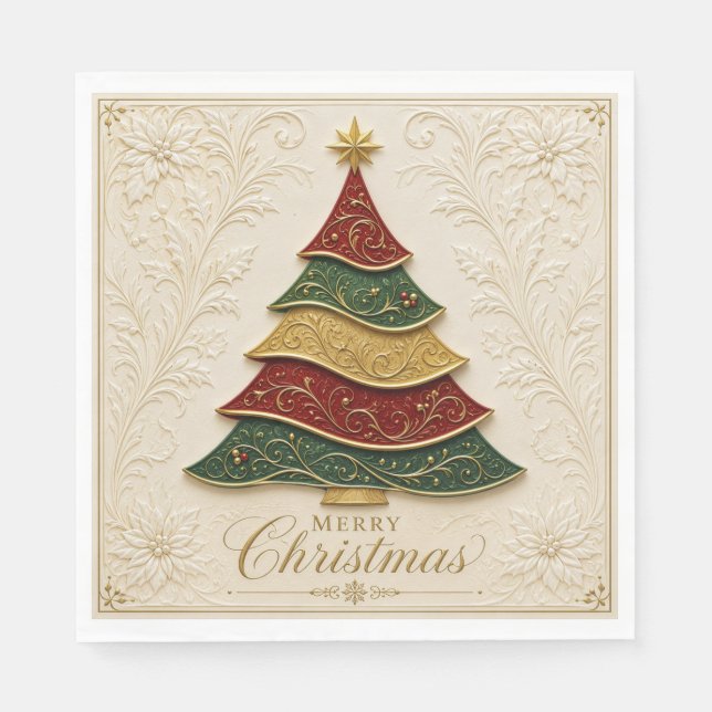 Weihnachtsbaum mit ornamentaler Goldemaille Serviette (Vorderseite)