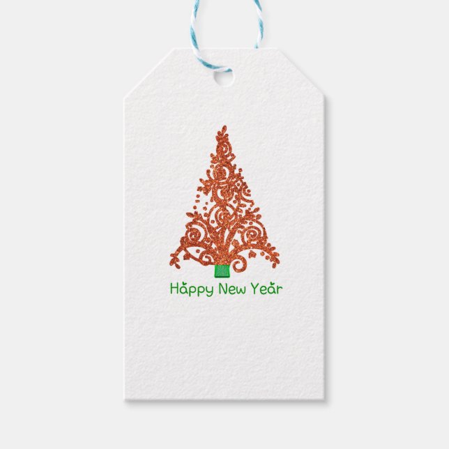 Weihnachtsbaum mit phantastischem rotem Glitzer Geschenkanhänger (Vorderseite)