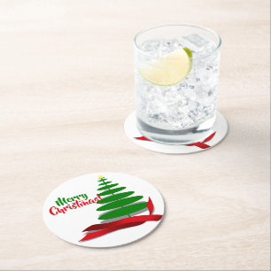 Weihnachtsbaum mit rotem Band Runder Pappuntersetzer