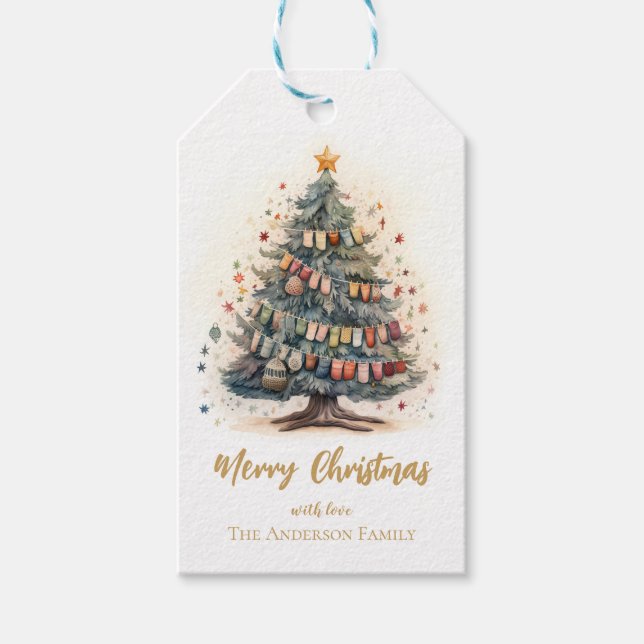 Weihnachtsbaum mit Schmucksachen Geschenkmarke Geschenkanhänger (Vorderseite)