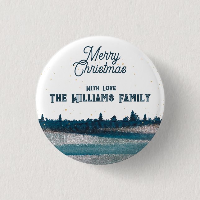 Weihnachtsbaum mit Schnee Frohe Weihnachten Button (Vorderseite)