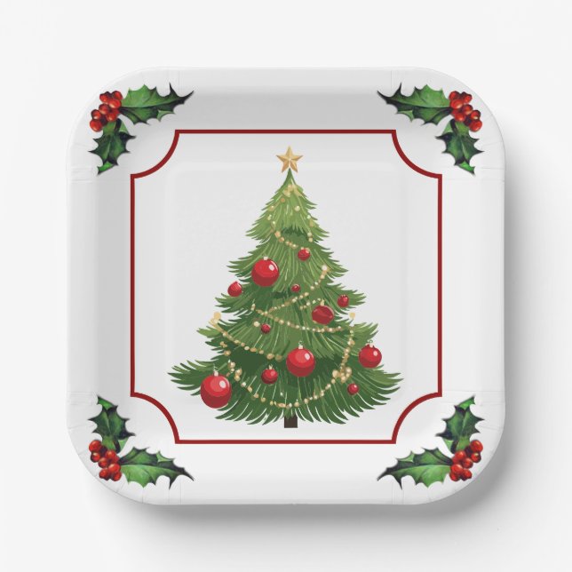 Weihnachtsbaum mit Stechpalme Pappteller (Vorderseite)