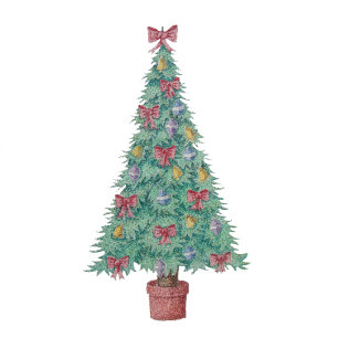 Weihnachtsbaum mit Verzierungen roten Bögen Glocke Krawatte