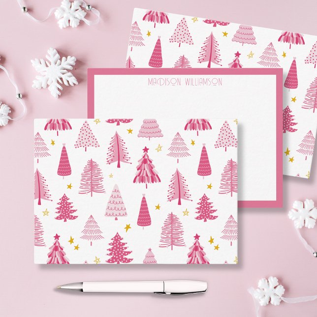 Weihnachtsbaum Mitteilungskarte (Pink personalized Christmas holiday notecards in woodland forest illustration. )