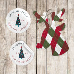 Weihnachtsbaum Moderne Familienname Rot und Marine Runder Aufkleber<br><div class="desc">Einfache trendige Sticker-Geschenkpackung oder Umschlag Aufkleber mit einem doodled Weihnachtsbaum mit Sternen und Lichtern auf einem einfachen,  weißen (veränderbaren) Hintergrund.               Einfach mit Ihren Textwünschen,  Ihrem Familiennamen und dem Jahr personalisieren.</div>