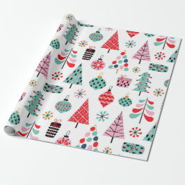 Weihnachtsbaum Modernes Blau, Rot und Rosa Muster Geschenkpapier