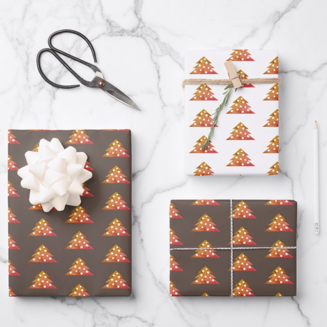 Weihnachtsbaum Modernes Orange Brown Muster Geschenkpapier Set (Vorderseite)