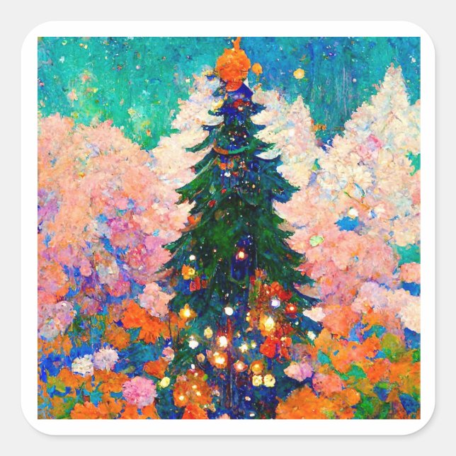 Weihnachtsbaum Mucha-Stil Quadratischer Aufkleber (Vorderseite)