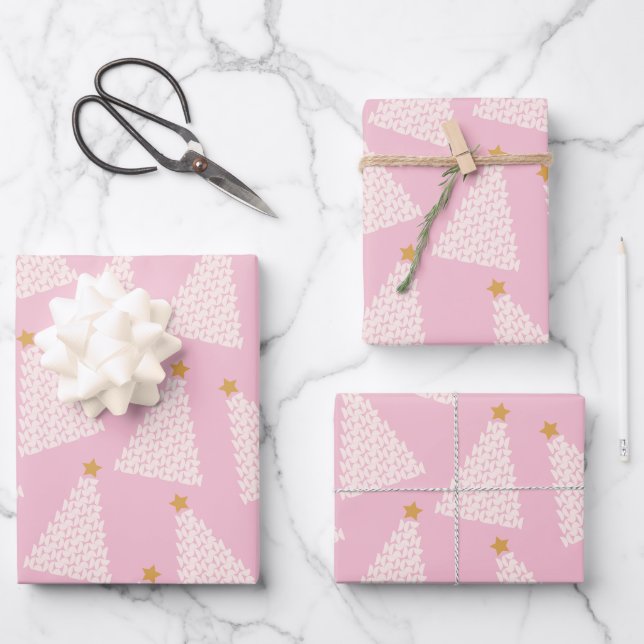 Weihnachtsbaum Muster rosa Geschenkpapier Set (Vorderseite)