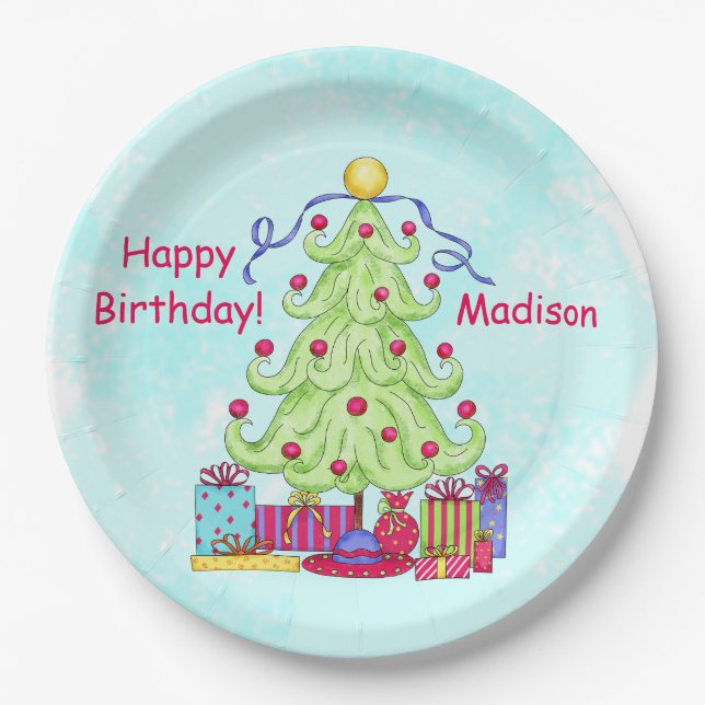 Weihnachtsbaum Name Personalisiert Happy Geburtsta Pappteller (Vorderseite)