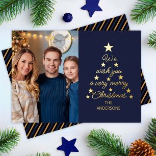 Weihnachtsbaum Navy Blau Gold Sterne Familienfoto Folien Feiertagskarte