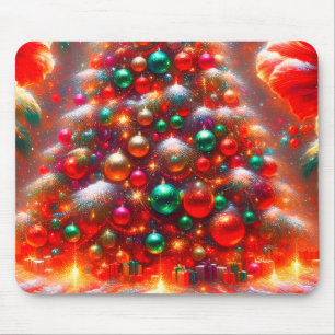 Weihnachtsbaum-Ornamente in Grün Rot + Gelb auf  Mousepad