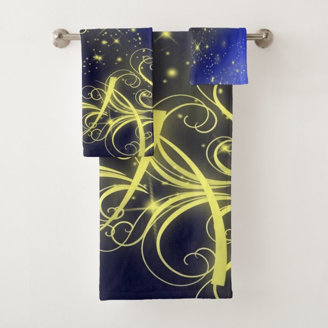 Weihnachtsbaum Party Gold Stars Navy Blue Holidays Badhandtuch Set (Insitu)