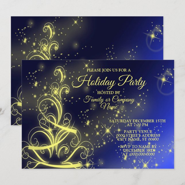 Weihnachtsbaum Party Gold Stars Navy Blue Holidays Einladung (Vorne/Hinten)