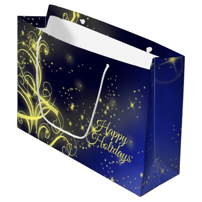 Weihnachtsbaum Party Gold Stars Navy Blue Holidays Große Geschenktüte (Vorderseite Schrägansicht)